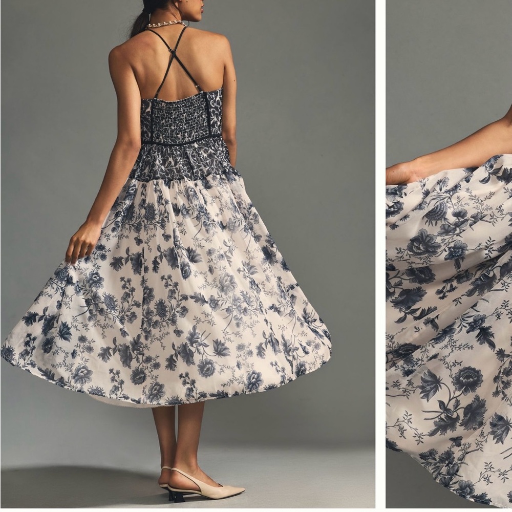 Anthropologie Navy and Cream Floral Midi Dress - Picture 9 of 11